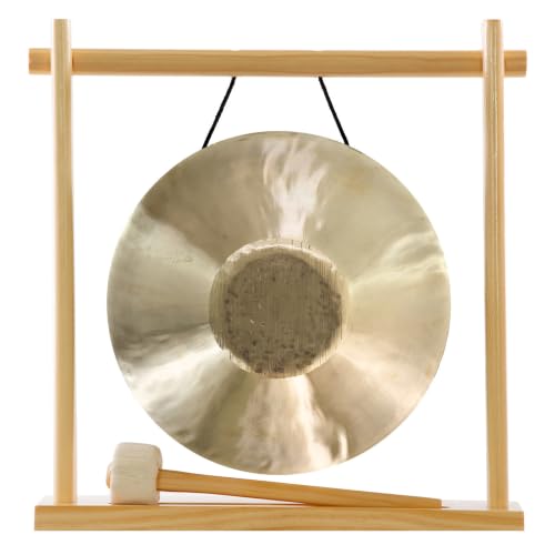 8" to 10" Gongs on My Little Pagoda Gong Stand - Includes Stand, Mallet, & Your Choice of Gong/Perfect Desktop Gong/Sound Healing & Meditation/Bronze Gong/Wooden Stand - size: 10" Golden Bao