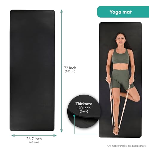 Yoga Mat 5mm Thick – Non Slip Exercise Workout Pad, PU Natural Rubber Grip, Extra Large 183x68 cm, Pilates Fitness Training, Includes Strap & Carry Bag - color: BLACK