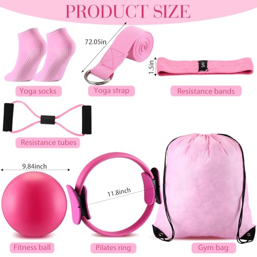 Poen Pilates Equipment Kit for Home Workout Pilates Ring and Ball Set for Women 12'' Circle Yoga Fitness Essentials Kit with Resistance Bands, Yoga Strap, Socks,Bag - color: Pink, Green, Blue