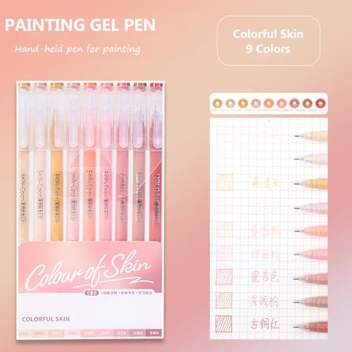 Gel Pens with 0.6mm Fine Point, 9 Colors Acrylic Drawing Gel Pen | Smooth Writing Pen Set for Journaling, Colorful Skin Series, Drawing Pencils for Adult Coloring Books - color: Colorful Skin