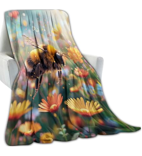 Natural Bee Blanket Gifts for Adults Women Men, Bumblebee Flying Colorful Bloom Wildflower Throw Blankets for Sofa Office Couch Room Decor, Cozy Lightweight Warm Soft Throws, 40x50 in - color: Bee 01, size: 50x40 in