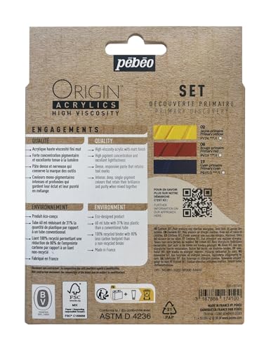 PEBEO Pébéo-Origin Acrylics-Primary Discovery Set 3x60 ml, Yellow, Red, Cyan - color: Yellow, Red, Cyan, size: 0.33 Fl Oz (Pack of 3)