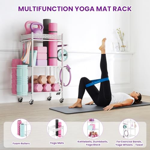 VOPEAK Home Gym Storage Rack, 3-Tier Yoga Mat Storage with Wheels & Hooks | 200 lbs steel rack with lockable casters & side hooks. 3-tier fits yoga mats & dumbbells — 10-min assembly - color: WHITE