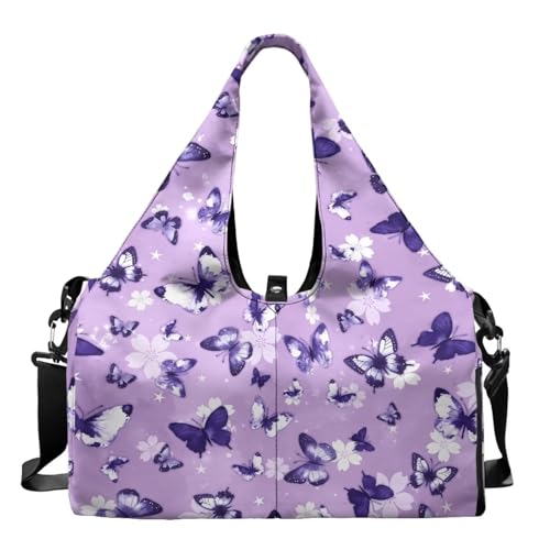 Butterfly Gym Bag for Women with Shoe Compartment Yoga Bags with Yoga Mat Holder Sports Bags Durable, Purple Sports Bag for Cheer Team Practice Sport - color: Purple Butterfly