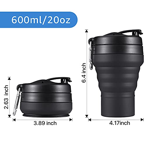 2PACK Collapsible Coffee Cup, 20 OZ 600ml Silicone Folding Camping Mug, Leak Proof BPA Free Portable Sport Bottle with Lids for hiking, Microwave & Dishwasher Safe (Black) - size: 2 x 20 Ounces