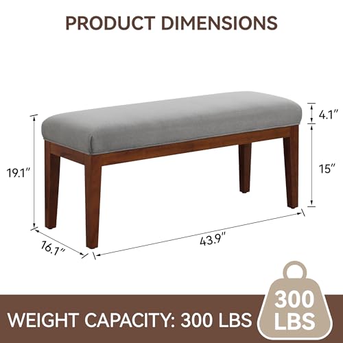 WUTUTUEE 43.5'' Linen Bedroom Bench, Upholstered End of Bed Bench, Padded Vintage Dining Bench, Entryway Bench with Solid Wood Legs, Kitchen, Living Room, Hallway, Light Grey - color: Light Grey-linen
