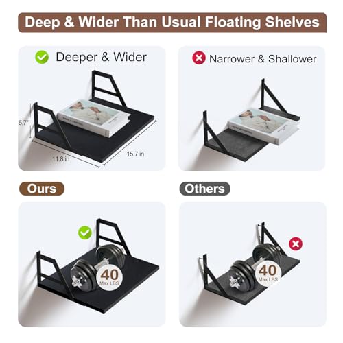Tectocker-DOU 2 Pc Deep Floating Wall Shelves, Heavy Duty, 15.7×11.8, Black - color: Black, size: 15.7W×11.8D