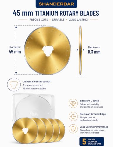 5 Pack 45mm Rotary Cutter Blades, Titanium Coated SKS-5 | Replacement Rotary Blade for Fabric, Sewing, Quilting, Arts & Crafts, Compatible with Olfa and Fiskars, Sharp and Durable