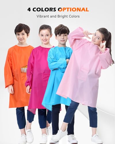 Kids Art Smock, Waterproof Apron with Pocket for Children, Artist Painting Aprons Smocks with Long Sleeve - color: Pink, size: XXXL for Age 8-14