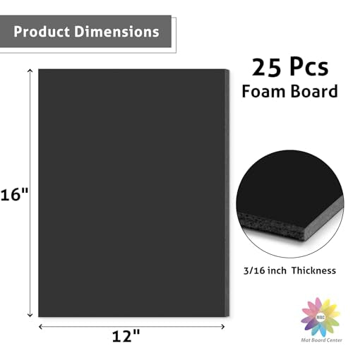 Mat Board Center, Pack of 25 Foam Core Backing Boards 3/16" (12x16, Black) | Acid Free, Polystyrene, Warp-Resistant, Double-Sided Foam Poster Board, Easy to Cut & Write for Display, Draw, Crafts & Art - color: Black, size: 12x16