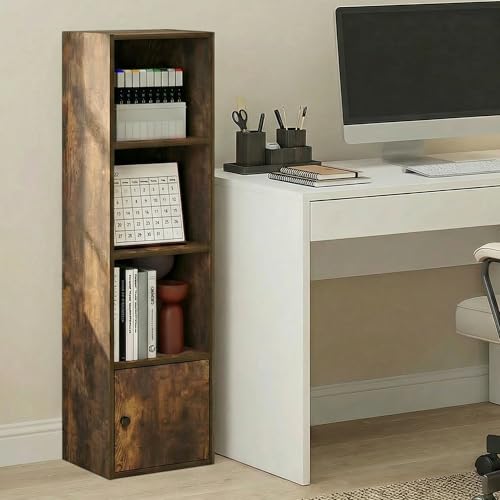 Furinno LUDER Book Shelf, 4-Tier Bookshelf with Open Shelf, Standing Bookcase with 1 Door Cabinet, 9.3 x 12 x 41.8, for Organization and Storage, for Living Room, Bedroom, Home Office, Amber Pine - color: Amber Pine, size: 4-Cube with Cabinet
