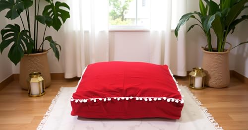 Mandala Barmeri Large Floor Pillow Cover Cushion Meditation Seating Ottoman Throw Cover Hippie Decorative Zipped Bohemian Pouf Ottoman Poufs, Pom Pom Pillow Cases (Red, 24" square) - color: Red, size: 24"D x 5"W x 24"H