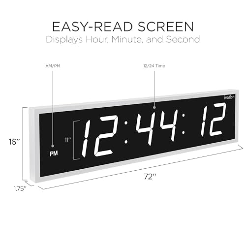 Ivation Oversized Digital Wall Clock with Large LED Display & Timer, 72" | Multi-function with Timer, Stopwatch, Alarms, Temp & Date, Aluminum frame, 6 Brightness levels, Time memory, Remote | White - color: White, size: 72" Inch