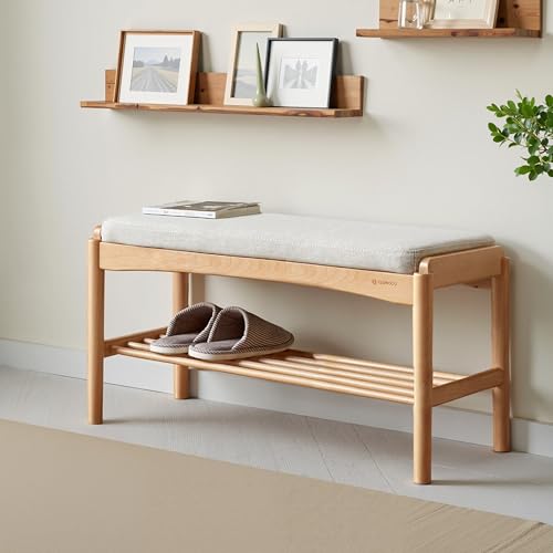 Oak Wood Shoe Bench, 32 Inch Entryway Bench with Light Gray Cushion - color: Natural + Light Gray Cushion, size: 31.49"