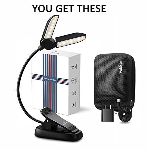 Vekkia 14 LED Book Light with Charger & Travel Case | Cover Both Page, Warm/White Reading Light with Clamp/Lightweight Eye Care Book Lamp/Great for Readers - color: Sable Black