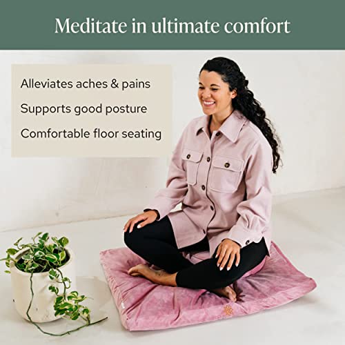 Mindful Modern Meditation Cushion and Zabuton Mat Bundle - Premium Luxury Velvet Zafu Floor Pillow and Rectangular Mat - Blush Pink Color
