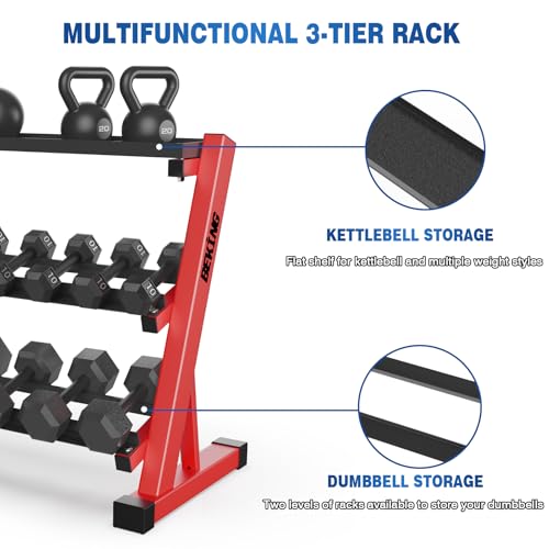 BEKING 3 Tier Dumbbell Rack,1000LB Capacity Weight Storage Rack for Home Gym Fitness,Multifunctional Free Weight Organizer Stand for Dumbbells, Kettlebells,Compact Design Save Floor Space - color: RED