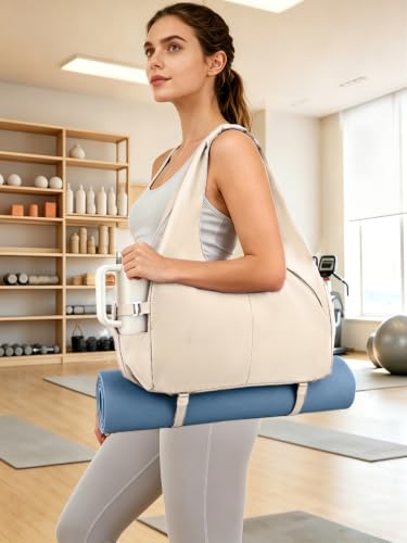 RHDZO Gym Bag for Women with Shoe and Wet Compartments, Yoga Mat Holder | Travel Duffel Bag with Water Bottle Holder, Weekend Overnight Bag for Workout Sport Dance Pilate, Detachable Shoulder Strap - color: Beige-Upgraded