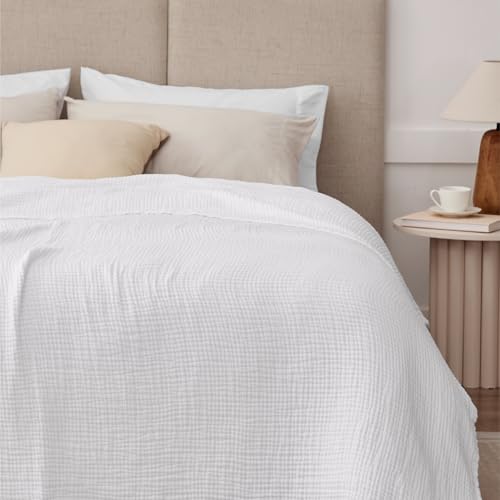 100% Cotton Twin XL Blankets for Bed 66" x 90", Cooling and Soft Muslin Throw Blanket, Soft Boho Coverlet Bedspread, Gauze Bedding for Adults All Season, White - color: 02 - White, size: Twin Xl(66" X 90")