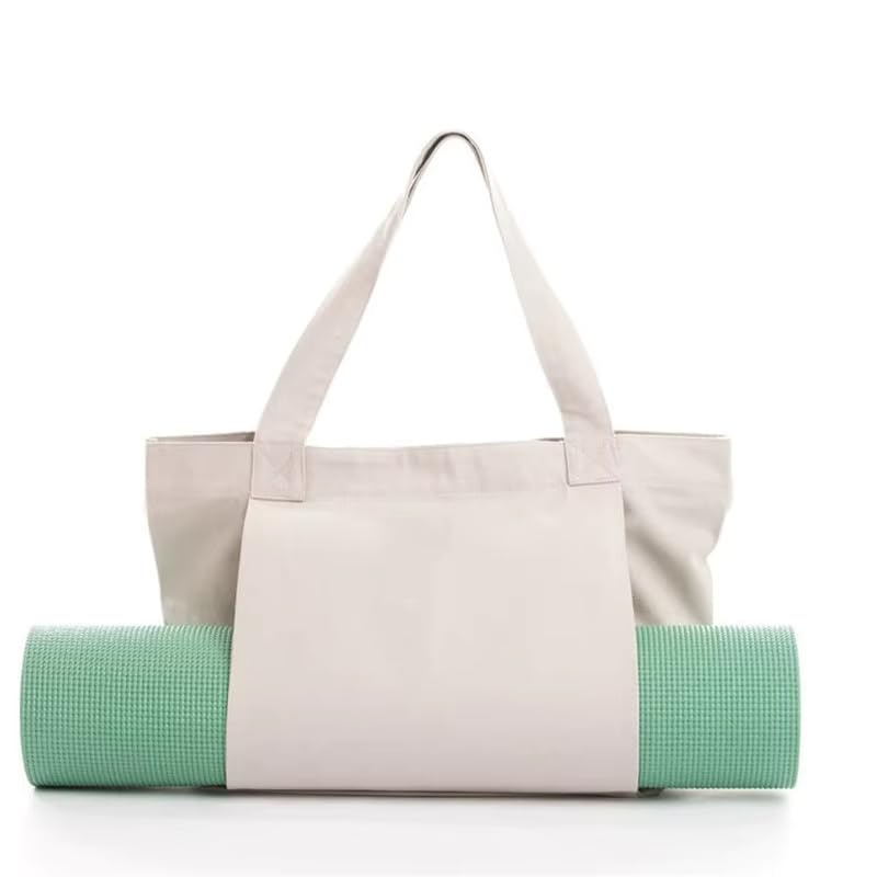 Yoga Canvas Tote Bag, Large Capacity, Sturdy Multifunctional, Shoulder Bag with Mat Carrier, Pockets - color: White