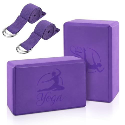 2 Yoga Block and 2 Yoga Strap Set,Non-slip EVA Foam Blocks, High Density Yoga Bricks with 6ft Strap, Supportive Latex-Free Yoga Block Accessories for Pilates - color: Purple B