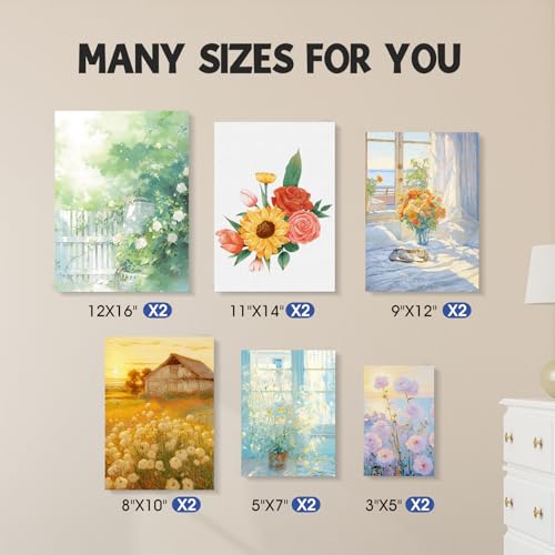FUMILE Stretched Canvas for Painting, Blank Canvases for Painting Multi 12 Pack 3x5, 5x7, 8x10, 9x12, 11x14, 12x16 (2 of Each), Primed Acid Free Painting Canvas for Beginners & Artists. - size: 3x5, 5x7, 8x10, 9x12, 11x14, 12x16 in