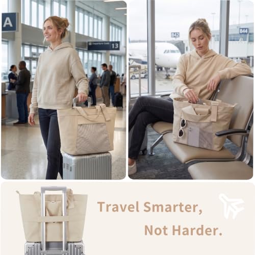 Travel Tote Bag for Women, Large Nylon Bag with Yoga Mat Strap and Luggage Sleeve,Shoulder Bag for Daily Use - color: Beige