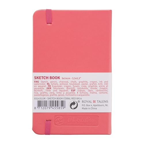 Talens Art Creation Sketchbook, Coral Red, 80 Sheets, 3.5 x 5.5 in | Hard-Bound Pocket Notebook, 140 GSM/94 lbs Paper, Acid-Free Cream Blank Paper, Ribbon Bookmark, and Elastic Closure - color: coral red, size: 9×14cm