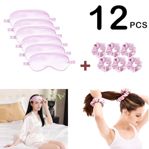 12Pcs Silk Sleep Masks Satin Eye Mask Silky Eyes Cover Blindfold Eyeshade Hair Ties Scrunchy Travel Bridesmaids Gifts - color: Lilac