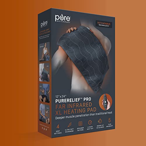 Pure Enrichment PureRelief Pro Far Infrared XL Heating Pad - Muscle Relief for Back, Neck, Shoulder, & Knee Pain in Athletes, 4 Heat Settings, Dry/Moist Heat, 12” x 24” Extra-Long Size (Iron Gray) - size: 12” x 24”
