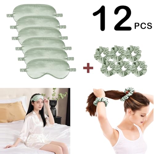 12Pcs Silk Sleep Masks Satin Eye Mask Silky Eyes Cover Blindfold Eyeshade Hair Ties Scrunchy Travel Bridesmaids Gifts - color: Pale Rose
