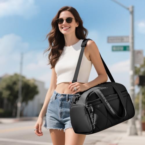 Women's Duffle Gym Bag, Carry-On Shoe Compartment for Weekender Overnight - color: Black, size: Medium