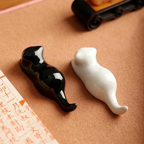 Ceramic Paint Brush Holder - 3-Piece Cat Shape Set | Multifunctional Rest Stand for Artist Brushes, Calligraphy Pens, Chopsticks & Kitchen Utensils | Black, White, Green