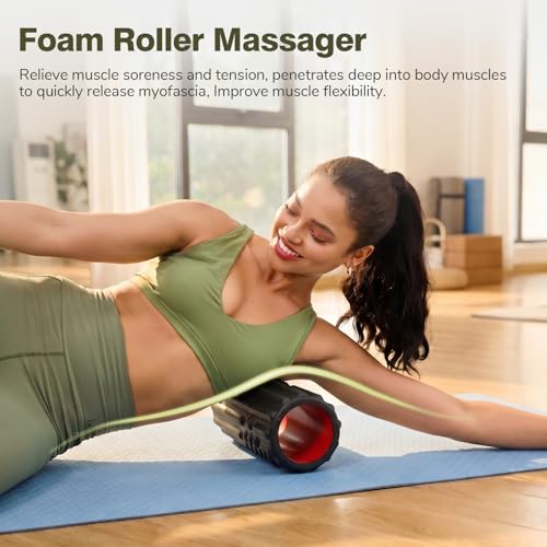 5 in 1 Foam Roller Set for Muscle Recovery & Deep Tissue Massage | Textured Grid Foam Roller, Muscle Roller Stick, Massage Ball, Resistance Band for Physical Therapy, Yoga & Pilates, Black - color: Black