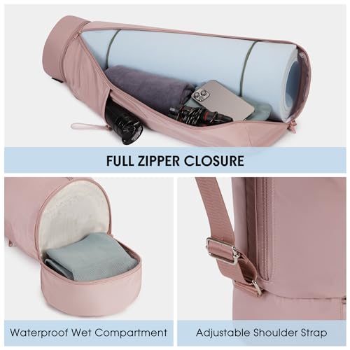 sportsnew Yoga Mat Bag Drawstring Pocket-Full Zip Cargo Yoga Mat Carrier Bag with Water Bottle Pocket and Bottom Wet Pocket Exercise Yoga Mat Carrier Multi-Functional Storage Bag, Pink & Pink