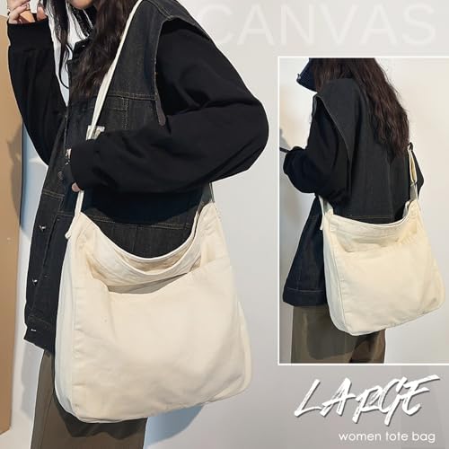 Canvas Tote Bag Casual Hobo Crossbody Shoulder Bag for Women and Men Large Purse Messenger Bag Travel Work - color: 1-b Beige