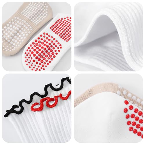 Women's Pilates Grip Socks, Ruffle Non Slip Bow Pattern Yoga Socks | Grippy, Frilly Trim, Embroidery, Crew Length, Soft Cotton, Arch Support, for Barre Ballet Dance Workout Hospital Home Gifts - color: B09-bow-white+black