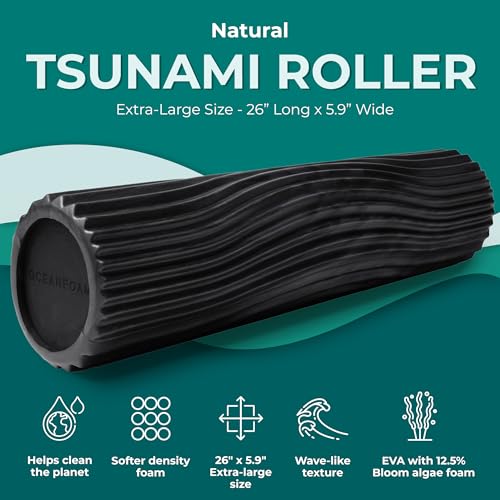 Oceanfoam Tsunami Roller (Black & Charcoal Marbled) - Extra-Large, 26" x 5.9" - Soft, Textured Foam Roller for Physical Therapy, Back Pain, Exercise & Stretching - Yoga, Athletics, & Wellness - color: Black & Charcoal Marbled