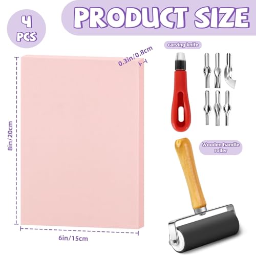 4 Pack Pink Rubber Stamp Carving Blocks 8"x6" (0.8cm Thick) with Tools Kit - Soft Linoleum Blocks for DIY Craft Projects, Stamp Making Supplies for Artists & Beginners - size: 8"x6"