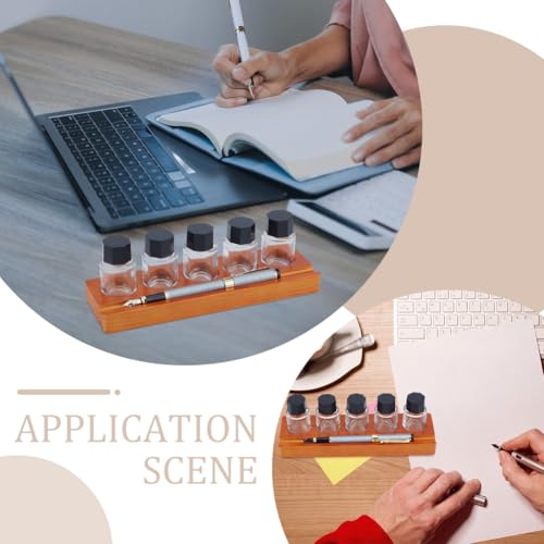 BENECREAT 5-Hole Calligraphy Ink Pot Holder Set, Wood Bottle Organizer Stands & 5Pcs Glass Fountain Pen Ink Bottle(15ml/ 0.5oz Decorative Desk Organizer for Office and Home Writing