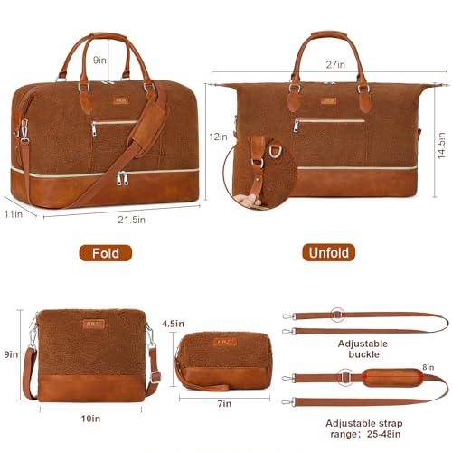 ITIEZY Weekender Bag for Women 21.5" Travel Duffel Large Carry On Bag 3PCS | Nylon Duffel Bag with Waterproof Shoe Compartment, Crossbody Bag and Toiletry Bag, Travel Weekend Hospital Overnight Gym Bag - color: 8a-Brown