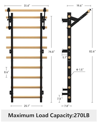 Cofiyard Swedish Ladder Wall Gym, Wooden Wall-Mounted Stall Bars with Pull-up Bar & Exercise Straps & Dip Bars, Stretching Ladder Full Body Home Gym Adults New - color: Black