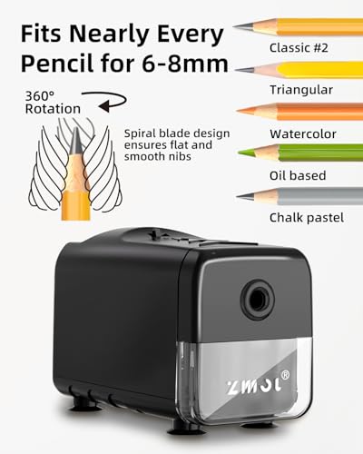 ZMOL Heavy Duty Electric Pencil Sharpener, Plug-in, 6.5-8mm, Black | Auto Stop,Fast Sharpening, for Colored Pencils,Large ShavingsBin, Stable Desk Base, for Classroom/Office/Art Studio Use - color: Black