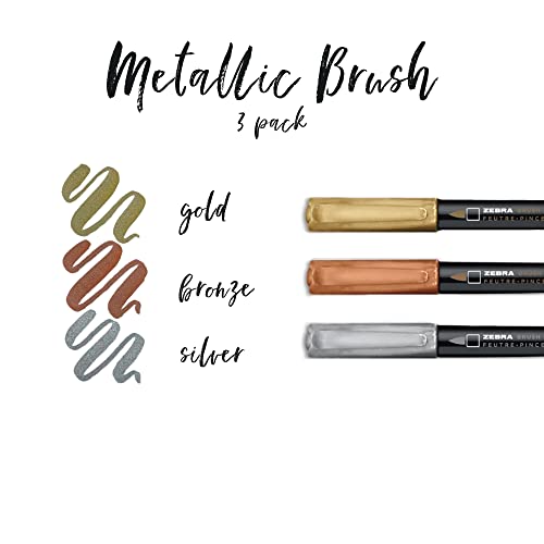 Zebra Pen, Metallic Brush Pens, Gold, Silver, and Rose Gold Ink, Medium Brush Tip Mimics Artist’s Paint Brush for Calligraphy and Lettering, Acid-Free Ink for Light and Dark Paper, 3-Pack (01603) | Acid-Free, Metallic Gold, Silver and Rose Gold Ink, Brush