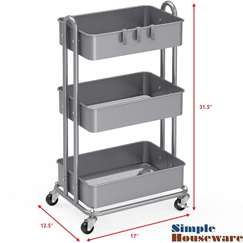Simple Houseware 3-Tier Heavy Duty Metal Utility Rolling Cart, Silver - color: Silver