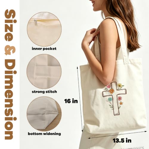VICBOU Christian Canvas Tote Bag for Women Girls Birthday,Shoulder Bag with Pocket for Grocery Shopping Beach - color: Crossflower