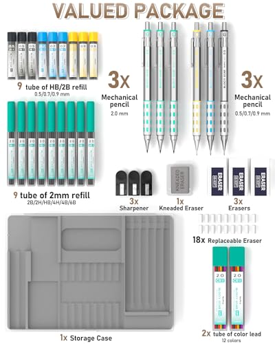 Nicpro 36PCS Blocky Gear Art Mechanical Pencil Set with Case | Metal Mechanical Pencils 0.5/0.7/0.9/2mm Lead Holder for Drawing Sketching with 20 Tubes (6B 4B 2B HB 2H 4H Colors) Refills - style: 6 PACK