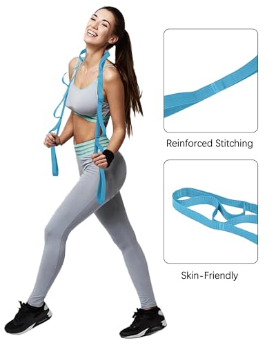 10 Loop Yoga Stretching Strap for Physical Therapy - Non-Elastic Exercise Band for Pilates, Yoga, Stretching for Women & Men - color: Light Blue