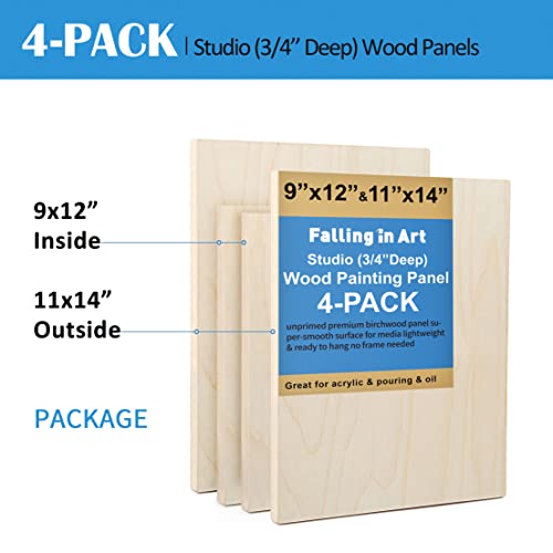 Falling in Art 4 Pack 11x14 & 9x12 Unfinished Birch Wood Canvas Panels Kit | Studio 3/4’’ Deep Cradle Boards for Painting, Pouring, Burning, Crafts, Epoxy Resin, Laser Engraving Cutting - size: 9*12 11*14 2-Pack