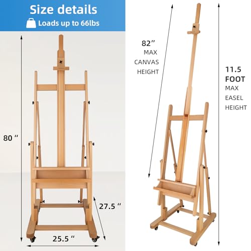 Falling in Art Extra Large H-Frame Studio Easel with Storage Tray (Natural) | Solid Beechwood Artist Easel , Adjustable Canvas Holder Stand with Rolling Wheels for Painting Adult - style: Studio Easel Natural